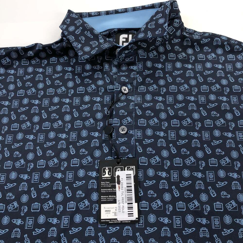 FootJoy FJ NEW Large Golf SS Stretch Button Polo Shirt All Over Print Blue LOGO